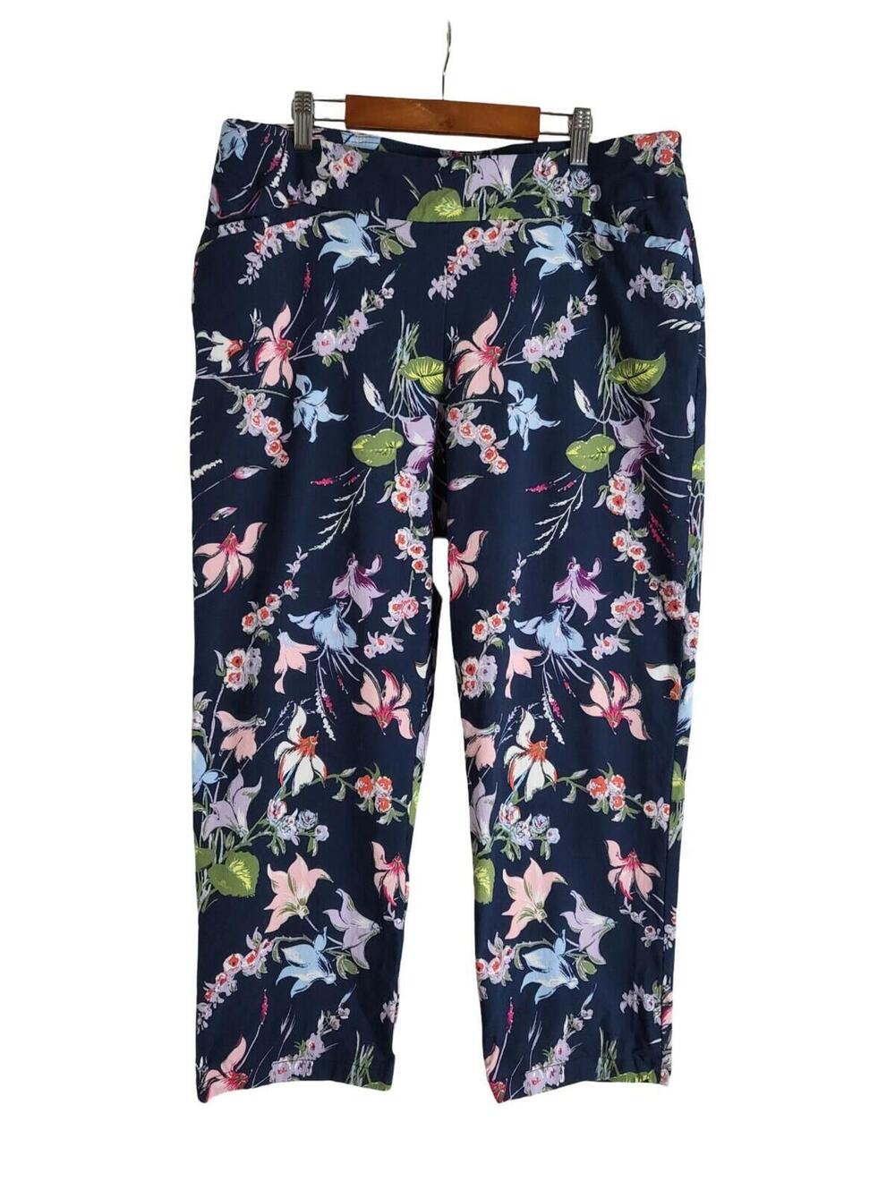 Terra And Sky Woven Dress Pants Navy Background Pink White Floral Print Sz 0X